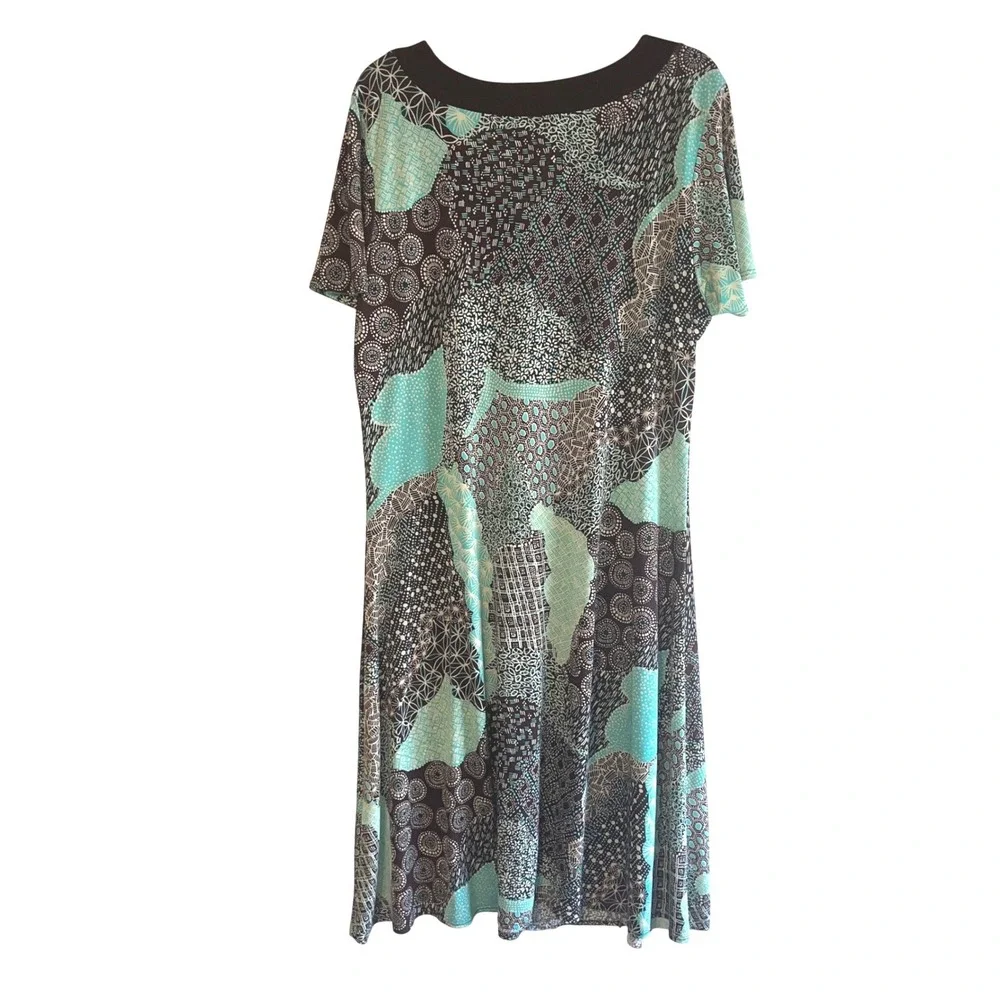 Elementz Womens‎ V-Neck Geometric Print Empire Waist Dress Brown Teal Large Y2K - Picture 3 of 11